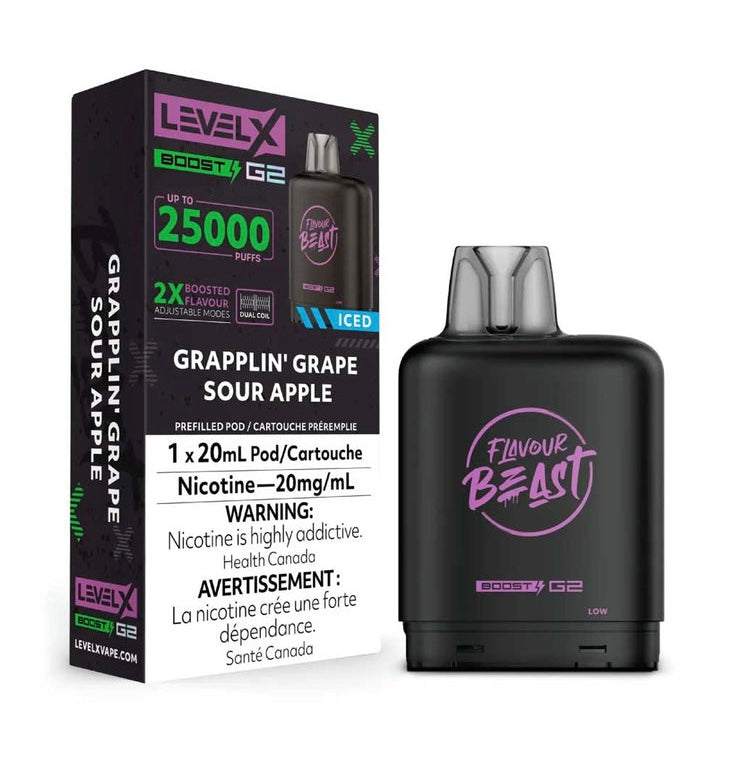 LEVEL X BOOST G2 GRAPPLIN’ GRAPE SOUR APPLE ICED 25K 20MG