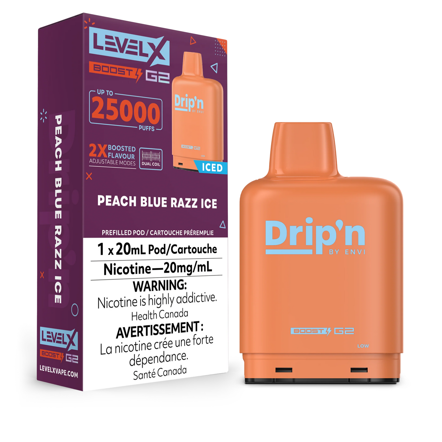 LEVEL X DRIP’N BOOST G2 25K PEACH BLUE RAZZ ICE 20MG