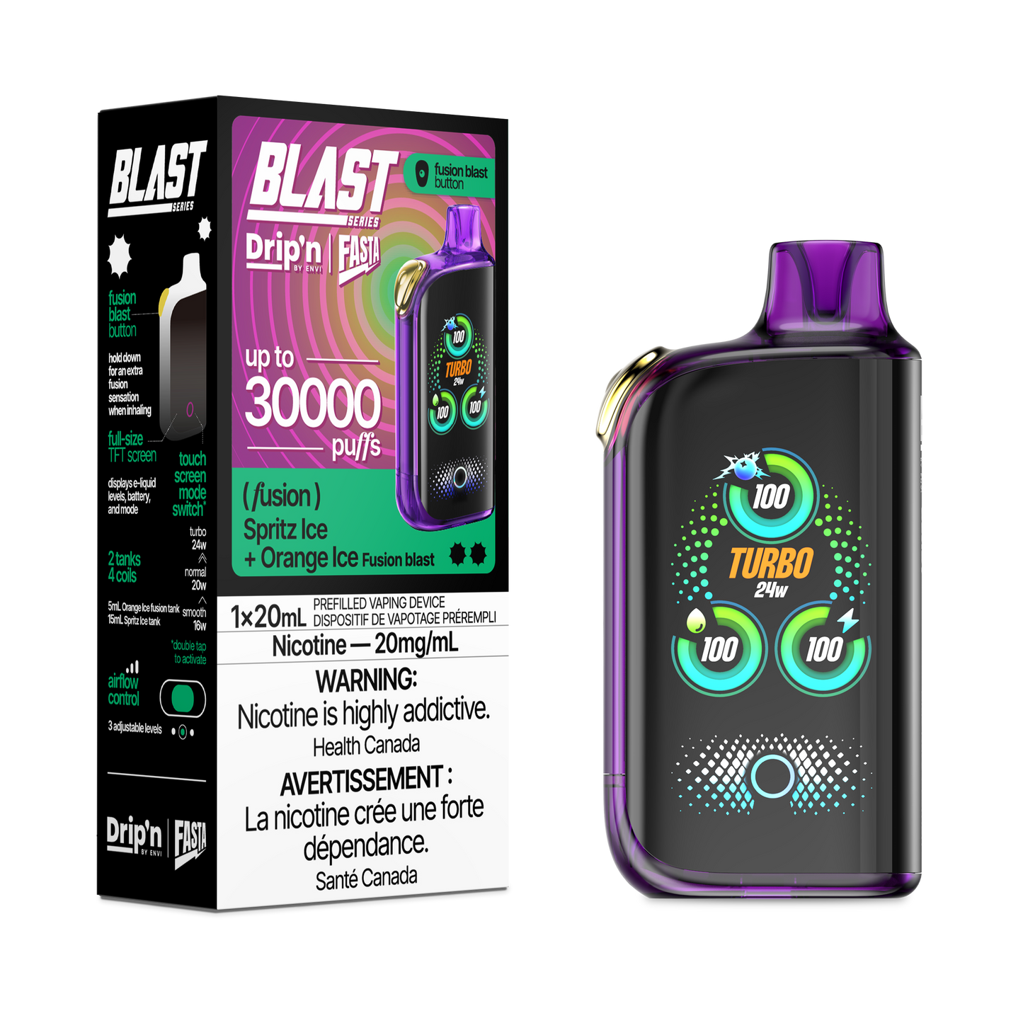 DRIP'N ENVI FASTA BLAST 30K 20MG FUSION SPRITZ ICE/ ORANGE ICE