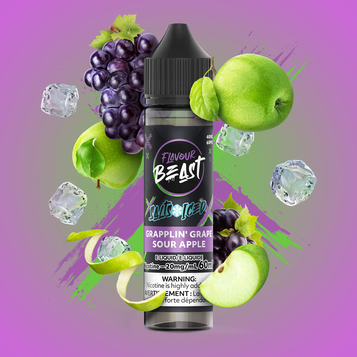 FLAVOUR BEAST 60ML GRAPPLIN' GRAPE SOUR APPLE ICED 20MG