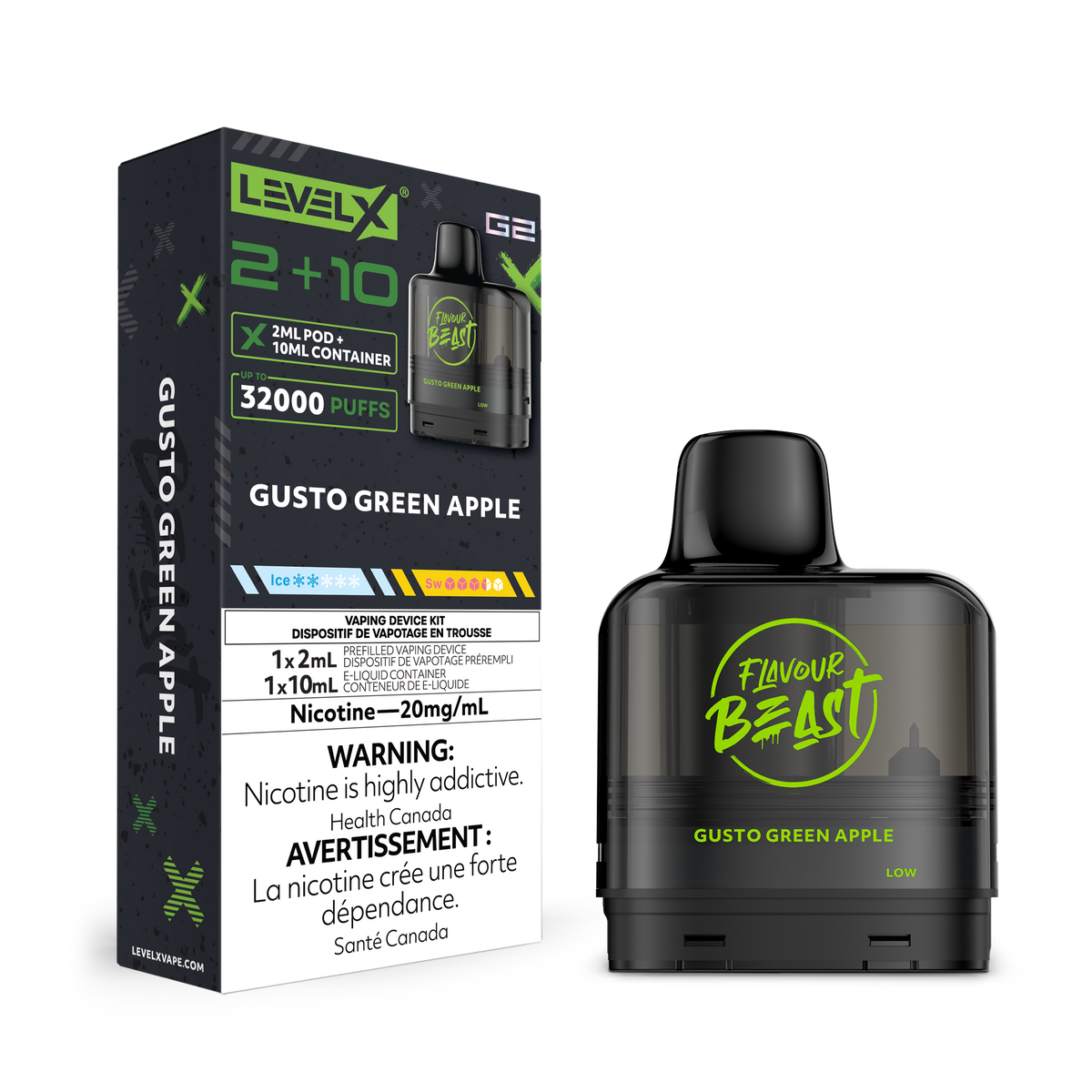 LEVEL X G2 32K  2+10ML  GUSTO GREEN APPLE 20MG