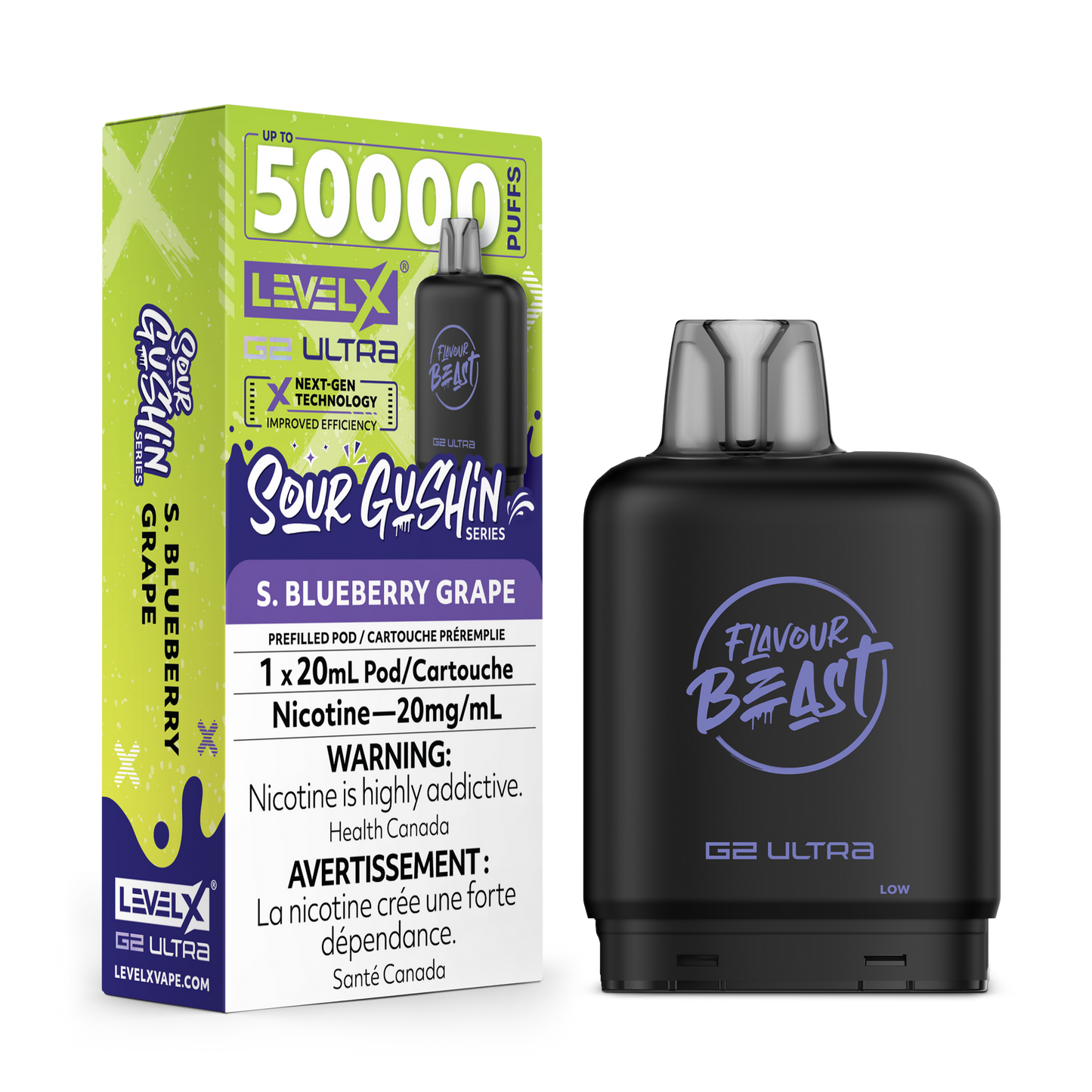 LEVEL X G2 ULTRA 50K SOUR GUSHIN' S. BLUEBERRY GRAPE 20MG