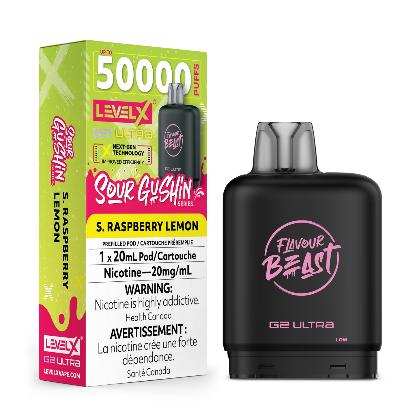 LEVEL X G2 ULTRA 50K SOUR GUSHIN' S. RASPBERRY LEMON 20MG