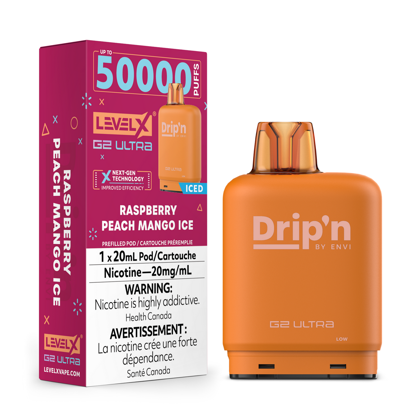 LEVEL X DRIP'N G2 ULTRA 50K RASPBERRY PEACH MANGO ICE 20MG