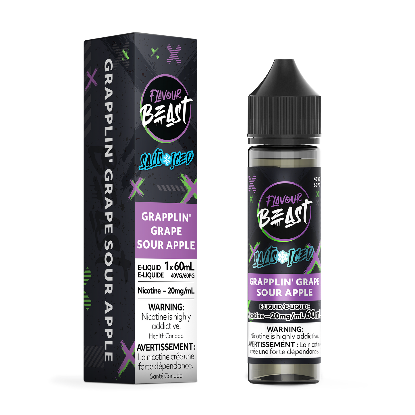 FLAVOUR BEAST 60ML GRAPPLIN' GRAPE SOUR APPLE ICED 20MG