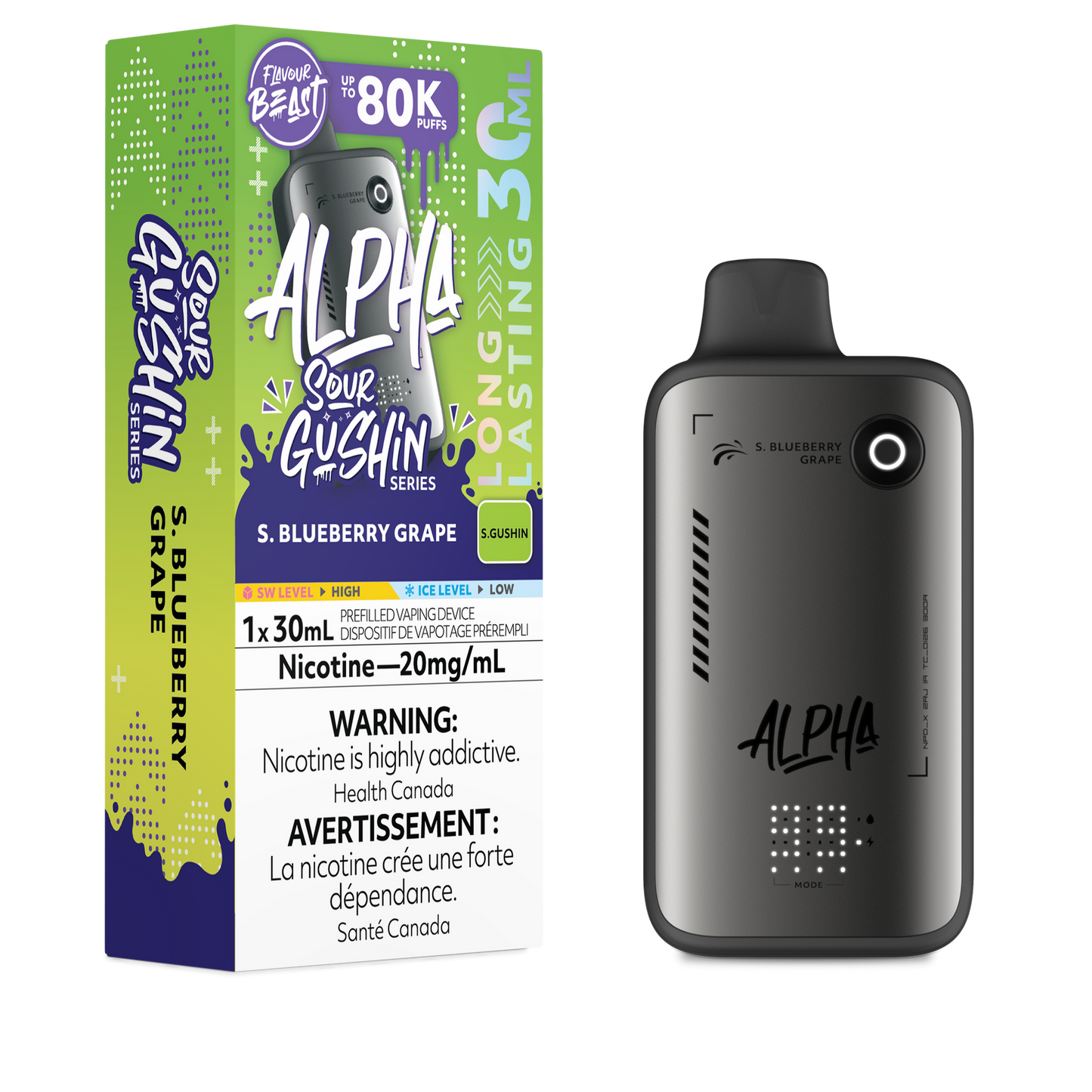 FLAVOUR BEAST ALPHA 80K SOUR GUSHIN’ S.BLUEBERRY GRAPE 20MG
